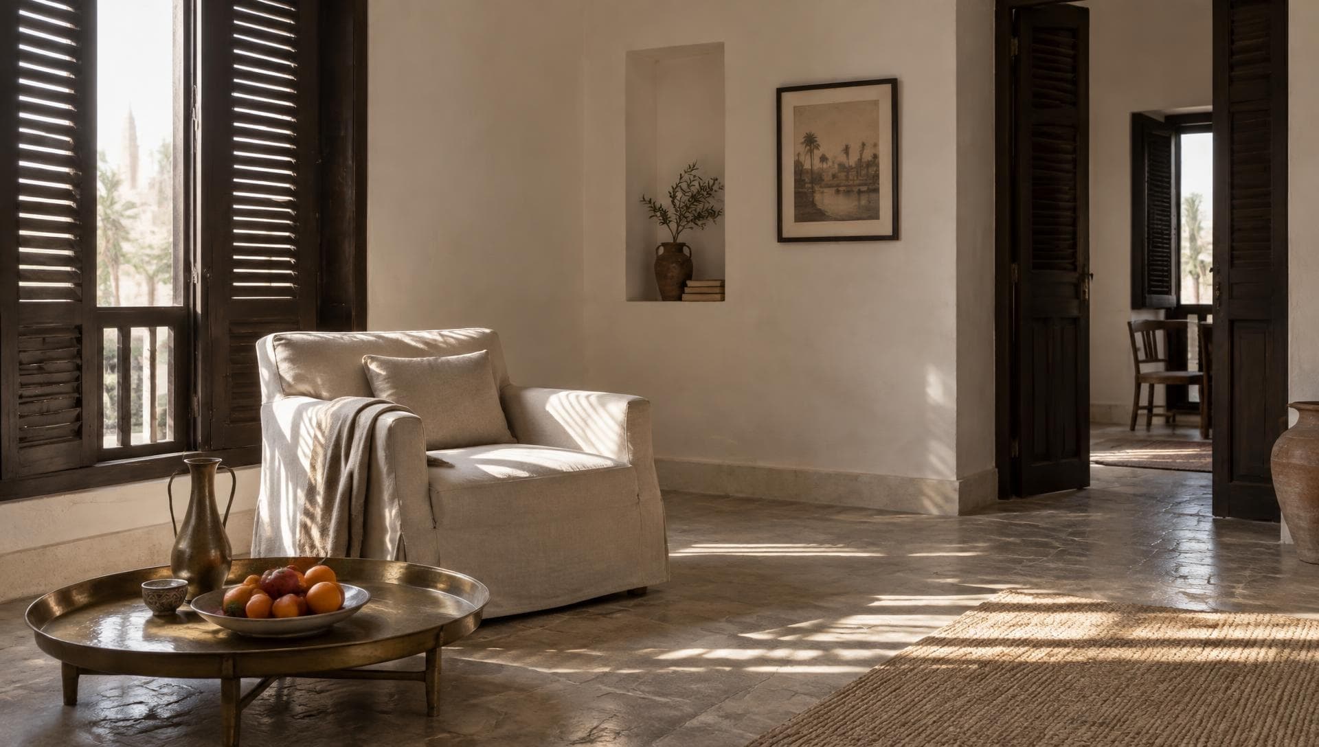 An interior in ivory and limestone in long afternoon light
