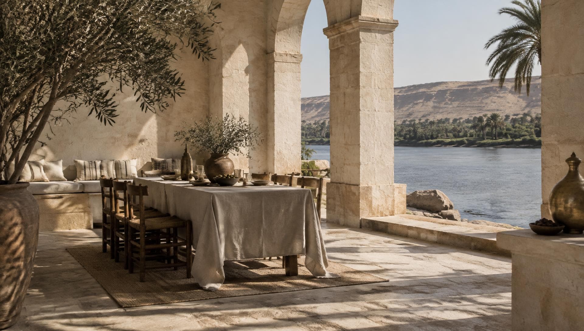 A shaded limestone terrace with a long linen-dressed table, water beyond